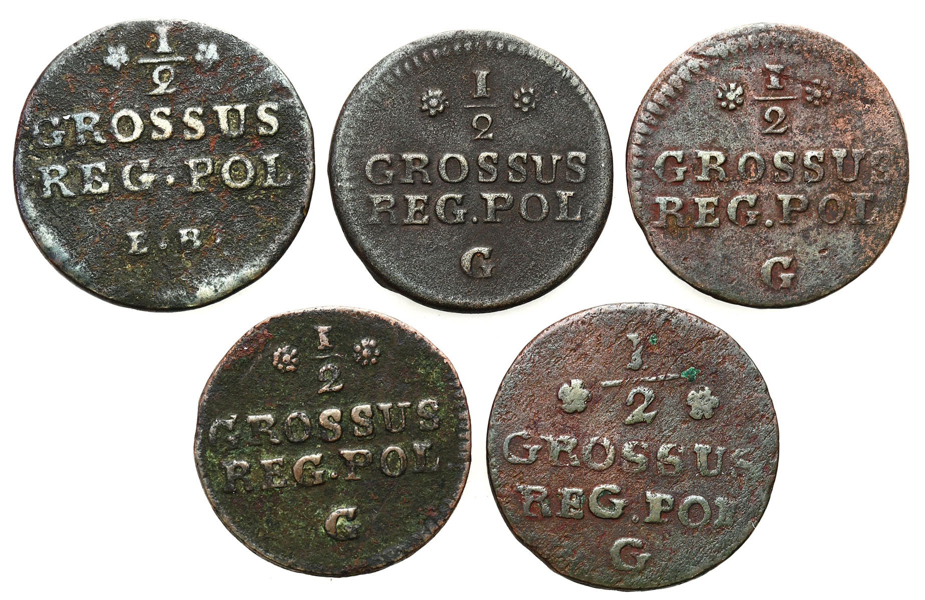 Stanisław August Poniatowski. Półgrosz 1766 x 2, 1767, 1768, 1775, zestaw 5 monet